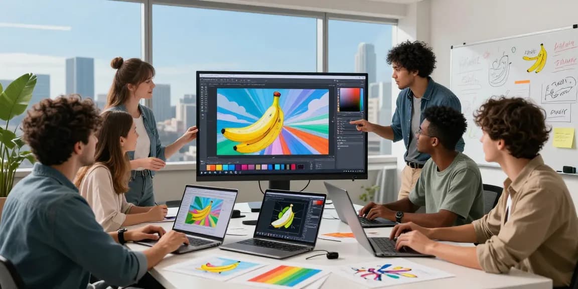 Collaborative team engaging in AI image editing using nano banana technology in a bright creative workspace.