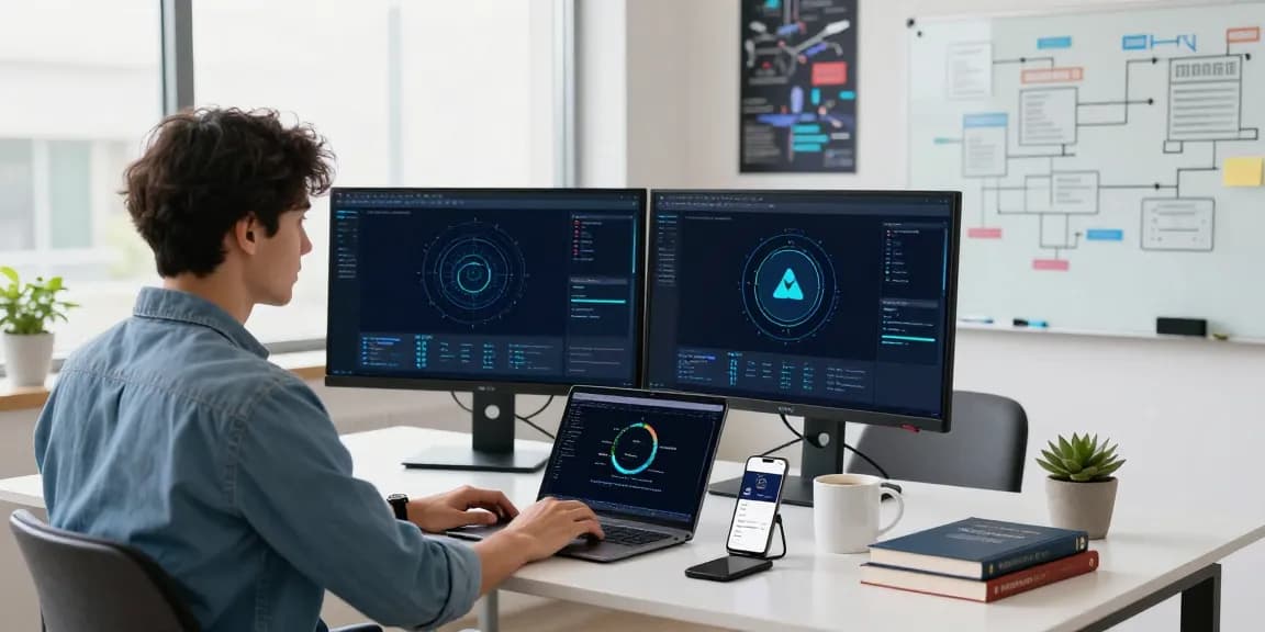快连 app interface displayed on a laptop alongside network optimization tools in a modern tech workspace.