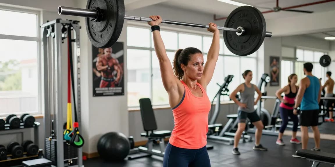 Empowering fitness training scene in an Anabolika Shop gym, showcasing a woman performing a barbell lift, surrounded by gym equipment.