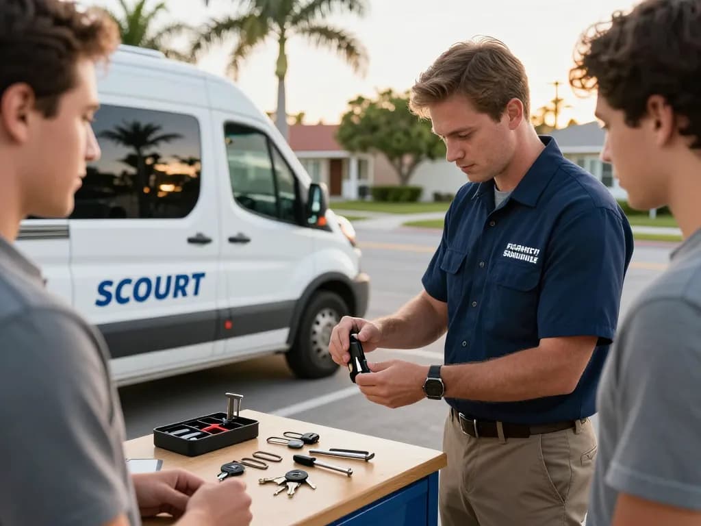 PSL Lock and Key Stuart locksmith assisting with car lockout service in sunny residential area.