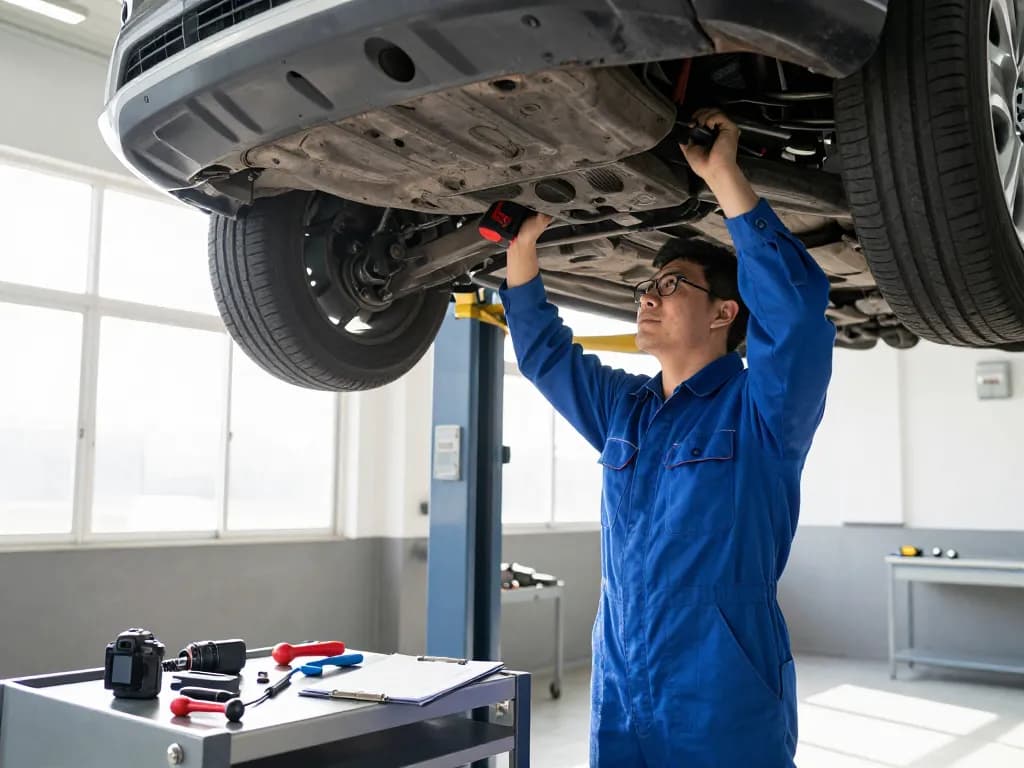 Turo inspection being conducted by a technician in a bright automotive service bay.