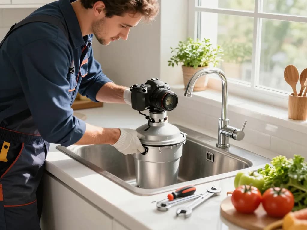 Garbage disposal installation by a professional in a modern kitchen with tools and fresh ingredients.