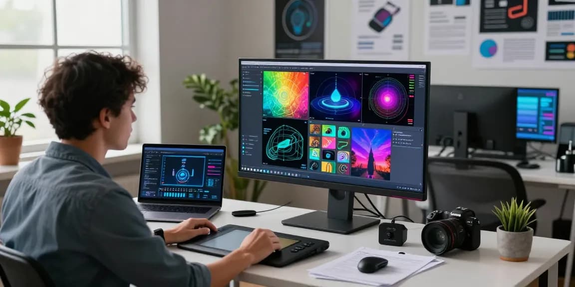 AI image detector in action with a data scientist analyzing AI-generated images at a tech workspace.
