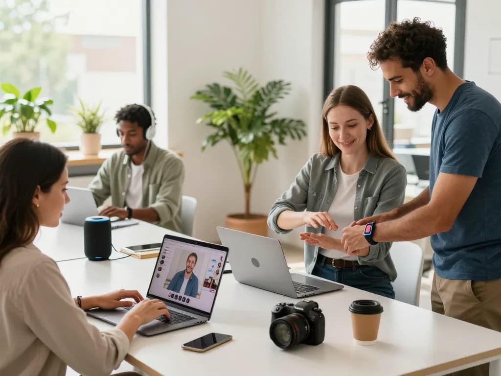 People actively engaging with smart tech gadgets in a modern co-working space.