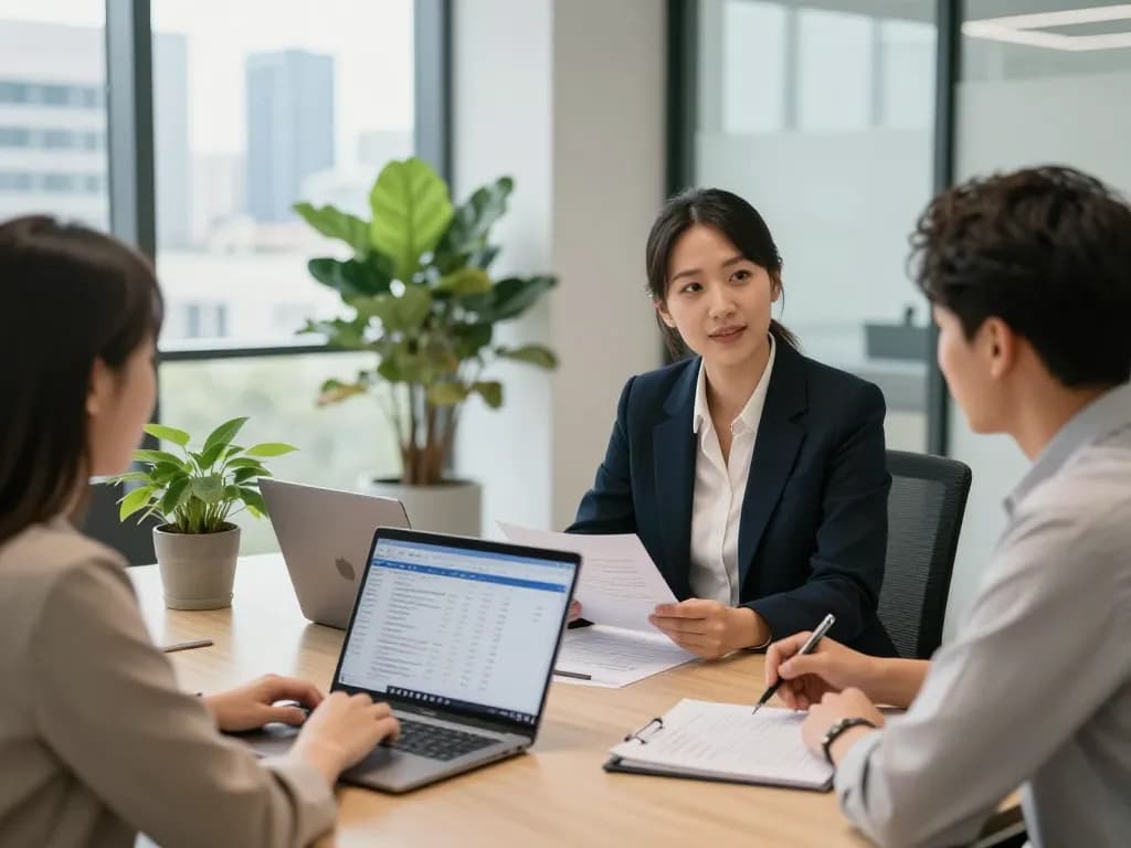 SMSF Accountant guiding clients in a modern office, discussing super fund strategies and financial data.
