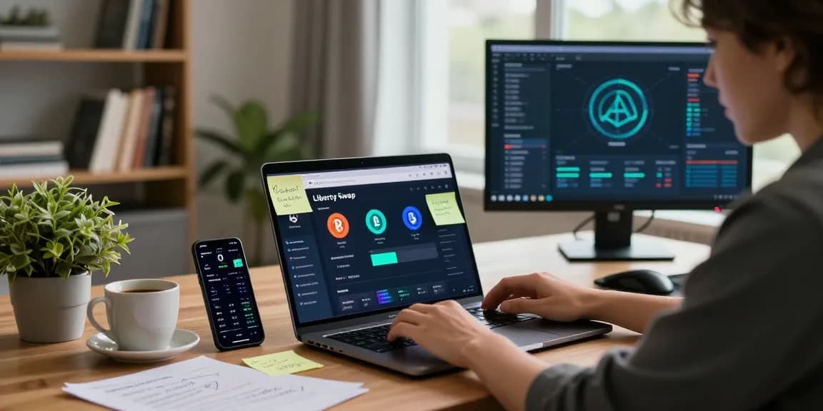 LibertySwap interface on laptop in a modern finance workspace showcasing cross-chain swap functionality.