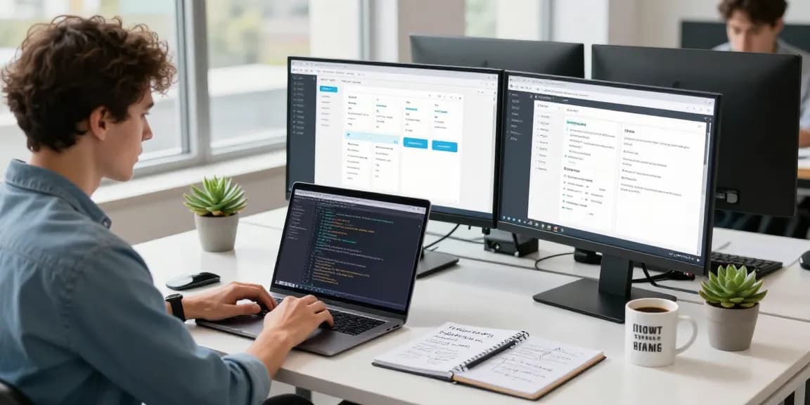 Build internal tools with AI in a vibrant tech workspace, showcasing coding and design collaboration.