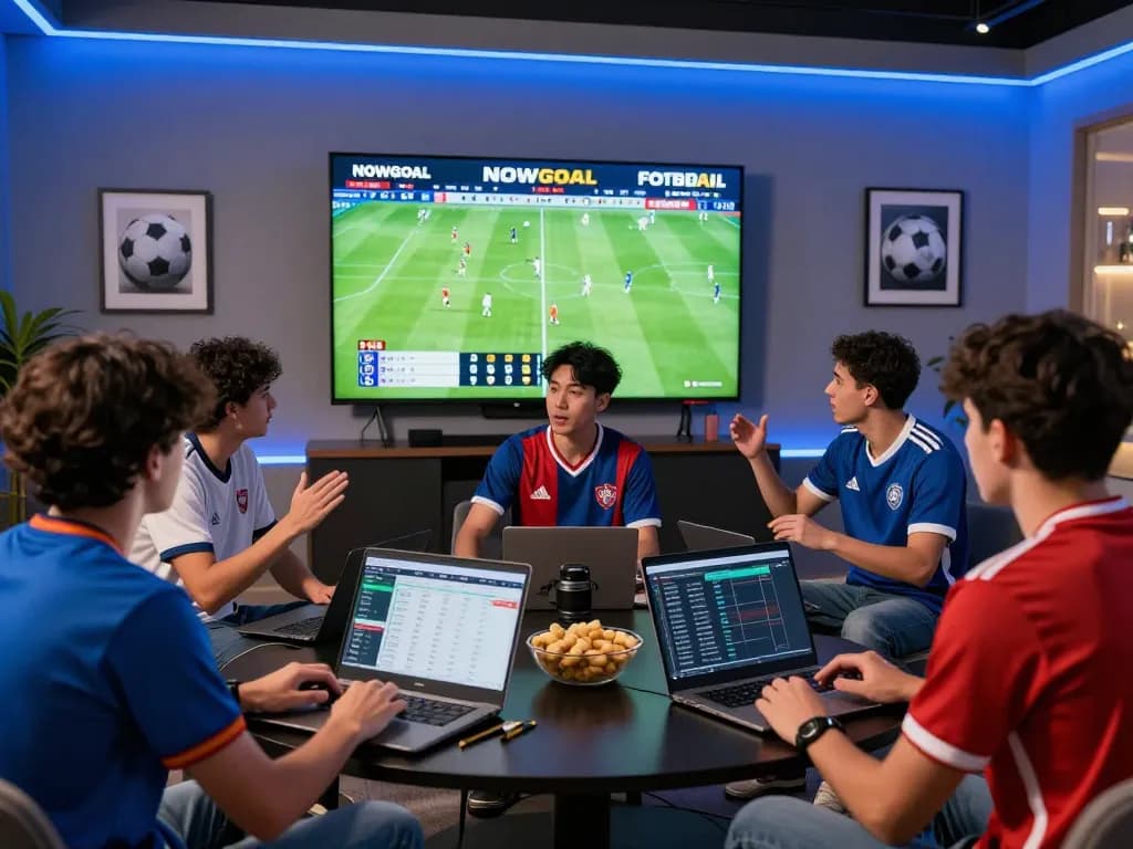 Football fans engaging with NOWGOAL live scores and analytics during a match