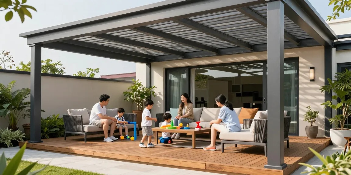Freistehende Terrassenüberdachung mit Familie, die einen sonnigen Tag genießt.