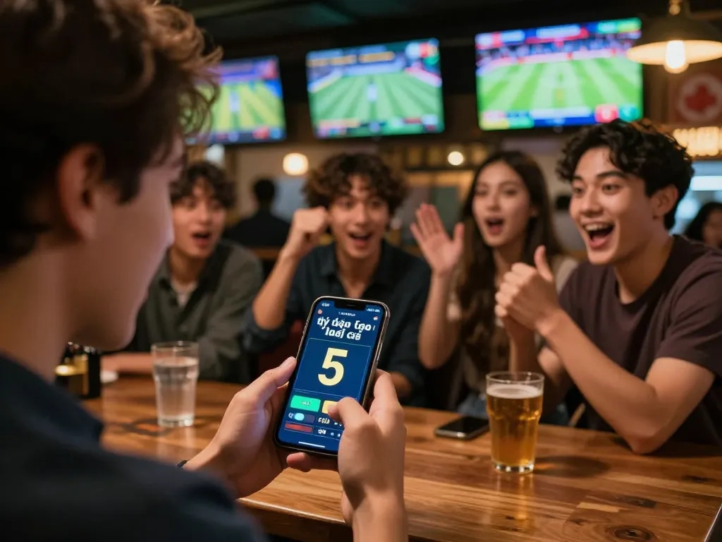Engaged sports bettor analyzing tỷ lệ kèo nhà cái 5 on smartphone in lively sports bar atmosphere.