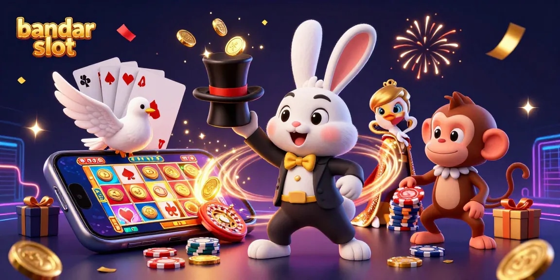 Experience excitement at bandar slot with a cartoon magician and vibrant gaming elements in a dynamic casino scene.