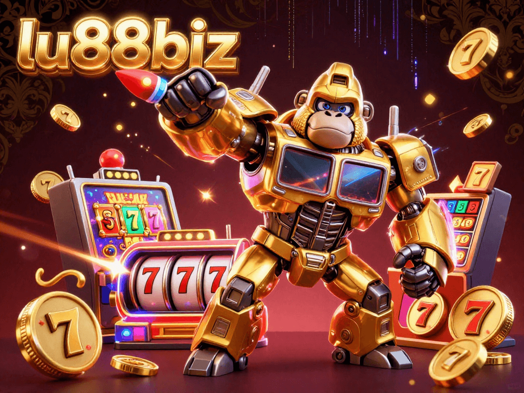 Engage in thrilling gameplay with lu88biz, featuring a vibrant slot machine-themed 3D scene.