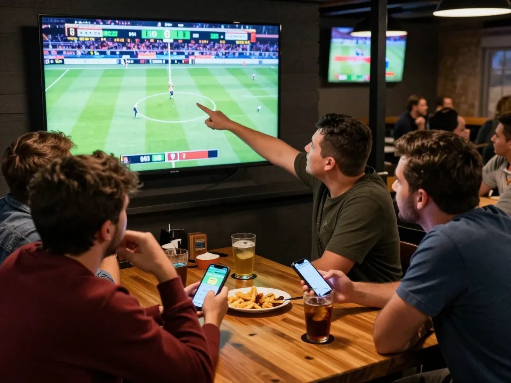 Friends engaging in sports betting at a lively bar, enjoying the moment with 789Win on their devices.