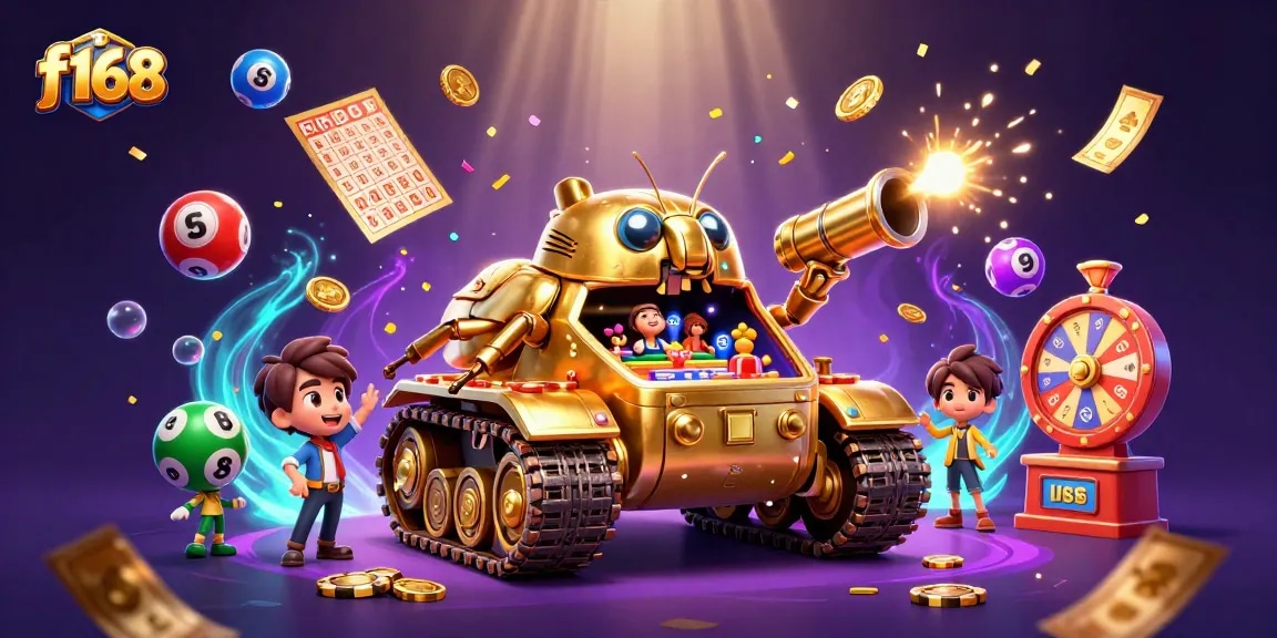 Experience the excitement of f168 with a colorful, immersive casino scene featuring dynamic lottery elements.
