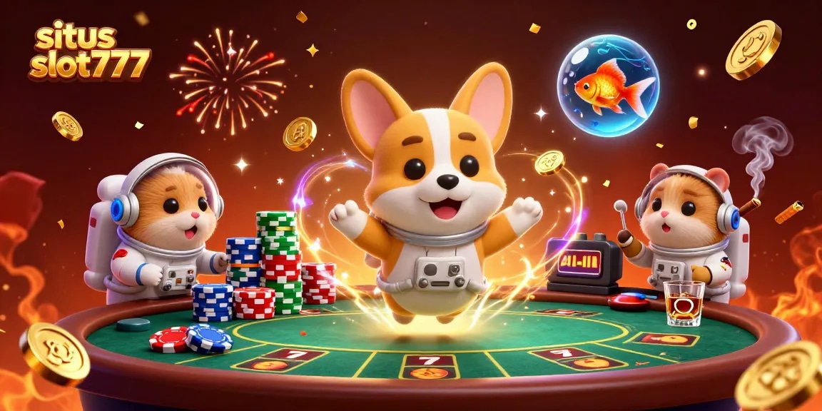 Experience the thrill of situs slot777 with a lively 3D casino scene featuring playful characters and vibrant game elements.