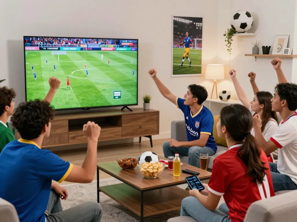 Football fans enjoying a live match on Lương Sơn TV with snacks and jerseys
