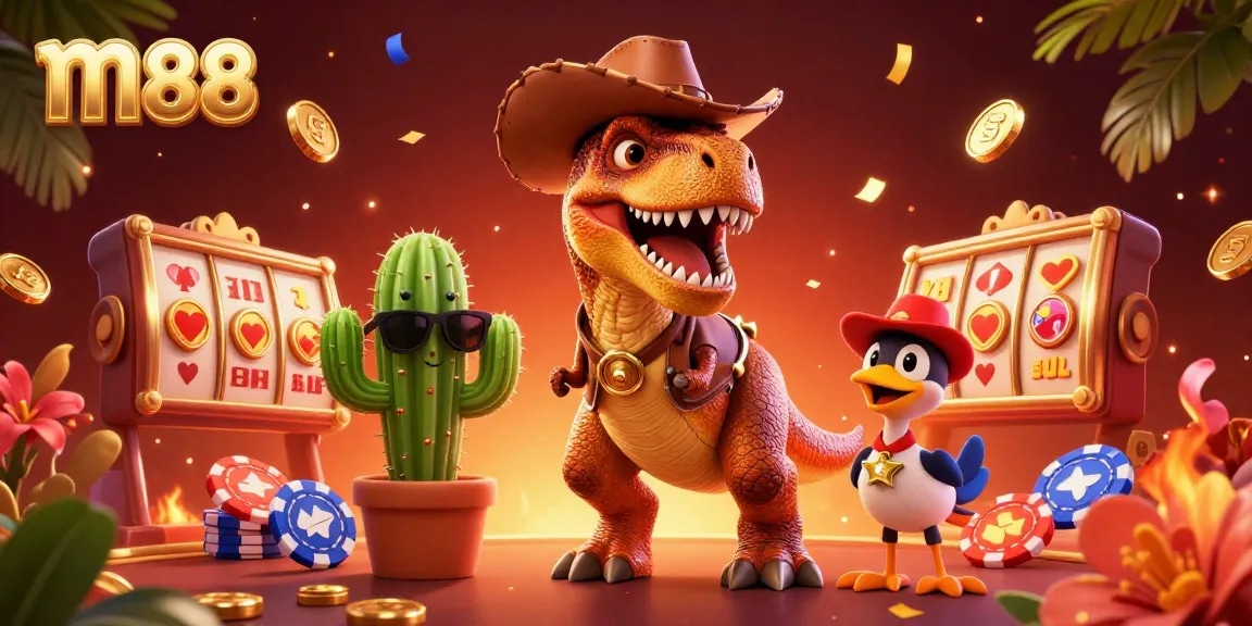 Engage in thrilling gaming action at m88 with a vibrant 3D scene showcasing a dinosaur with casino elements.