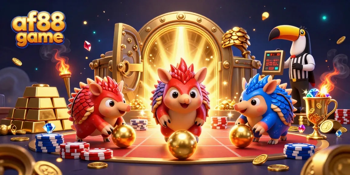 Engage in the exciting af88 game with rival pangolins bowling through poker chips in this vibrant 3D casino scene.