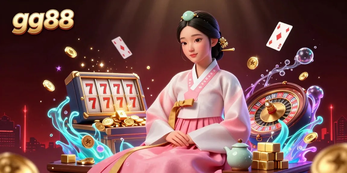 Experience thrilling gameplay with gg88's vibrant casino atmosphere, featuring an elegant character amidst gold coins and cards.