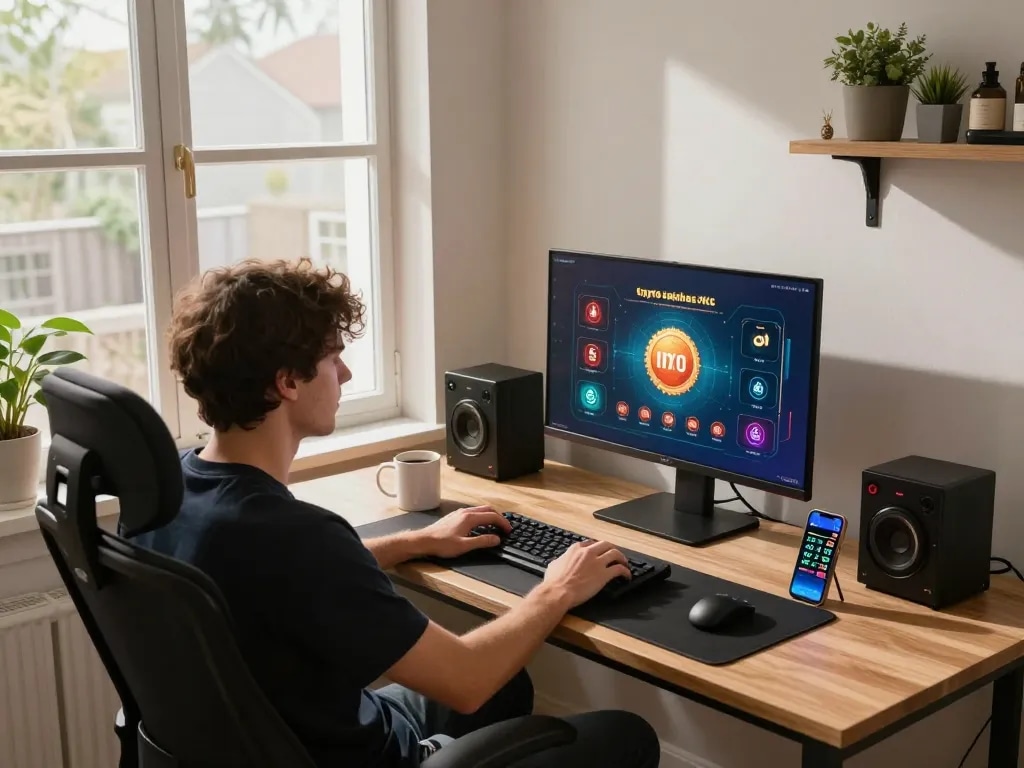 Une personne profitant d'une expérience de casino crypto sans KYC sur son ordinateur portable dans un environnement domestique confortable.