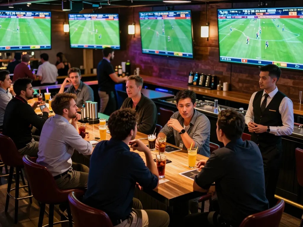 Patrons enthusiastic in sports betting at a lively bar displaying live scores, 7m-7m engagement visible