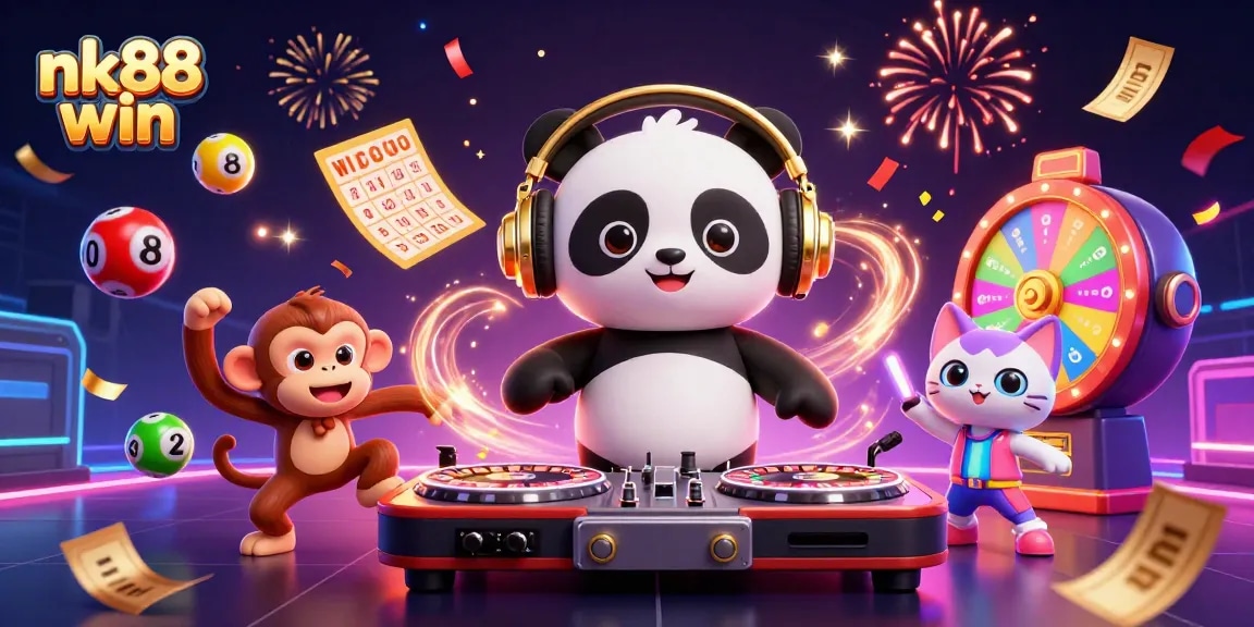 Experience nk88 win excitement with a vibrant 3D casino scene full of dynamic games and characters.