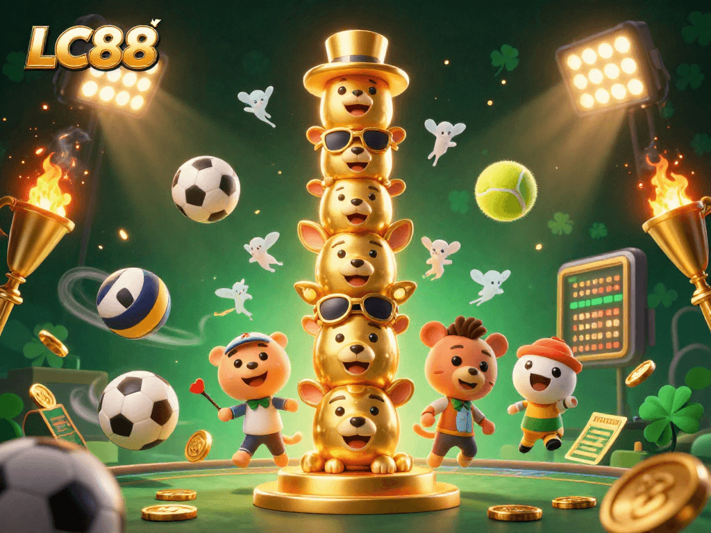 Experience the excitement of LC88 with a vibrant casino-themed 3D illustration showcasing diverse gaming elements.