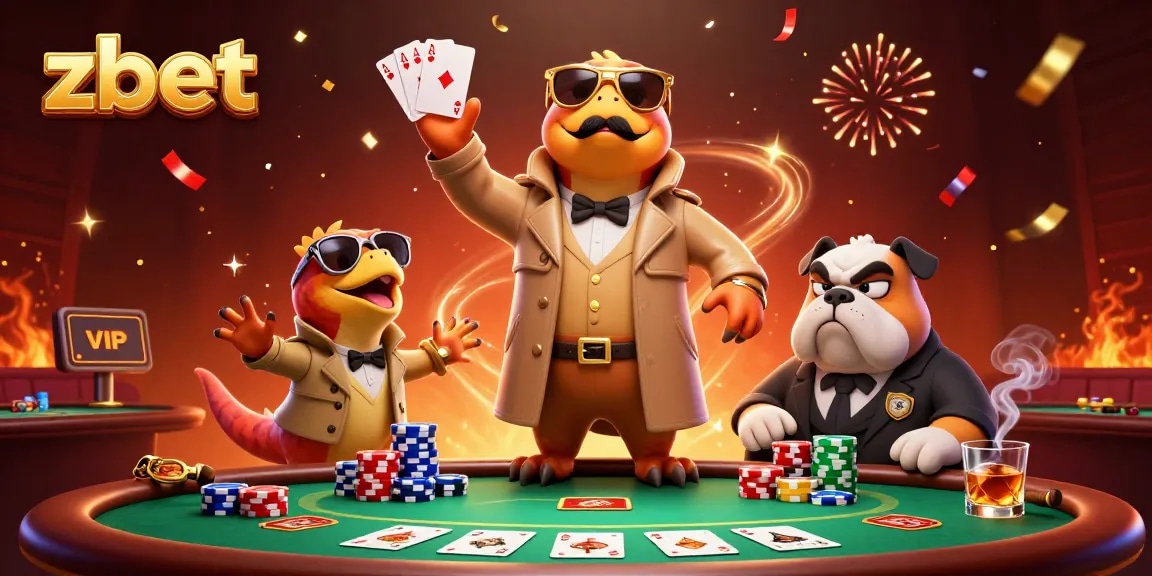 Three raptors sneak into a VIP casino lounge as zbet logo sparkles among poker chips and confetti.