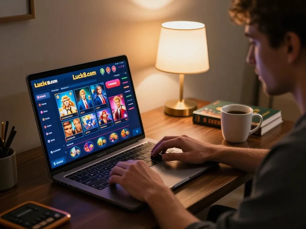 Engaged player strategizing on luck8com gambling while using a laptop in cozy home setting