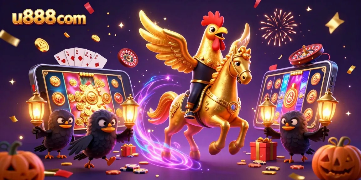 Engage in the exciting world of u888com with a golden rooster and mystical companions in a vibrant casino.