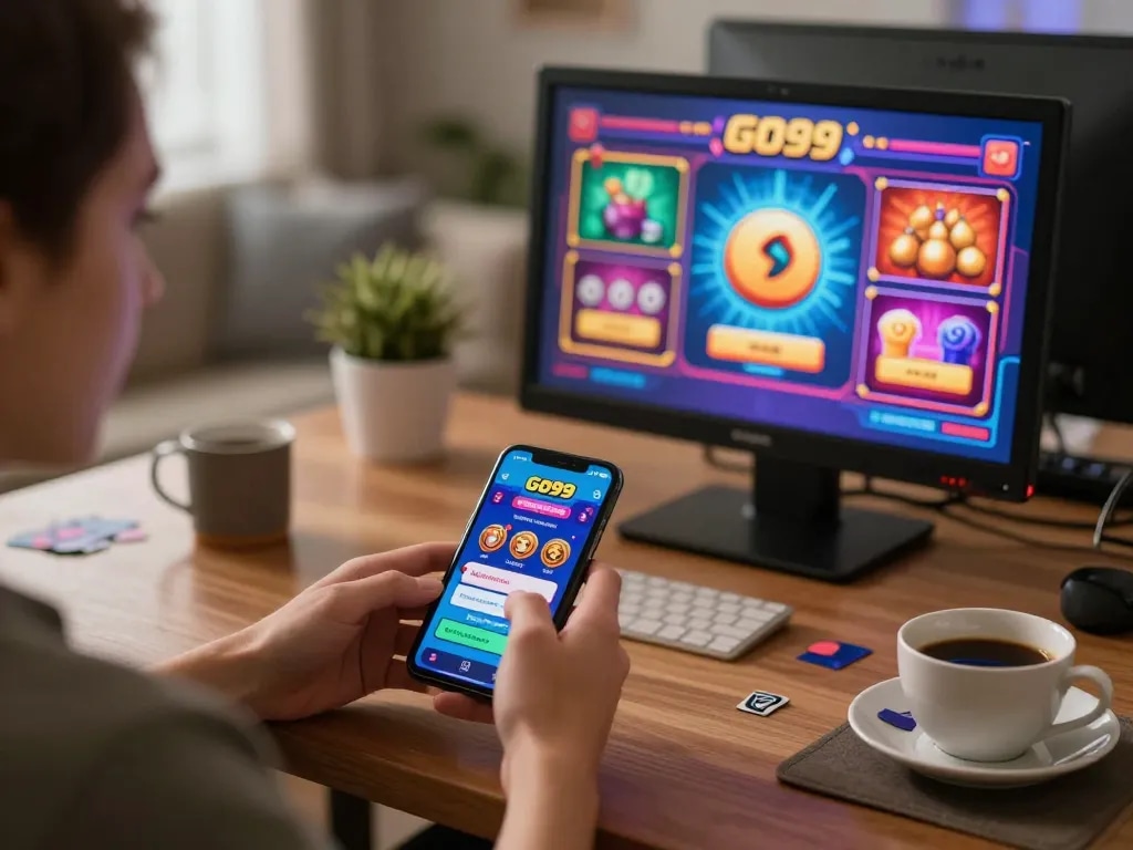 Experience online gaming with Go99 through a smartphone app in a cozy living setup