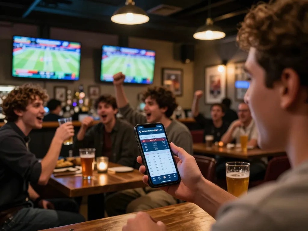 Engaged bettor checking odds on keonhacai tv app during lively sports event.