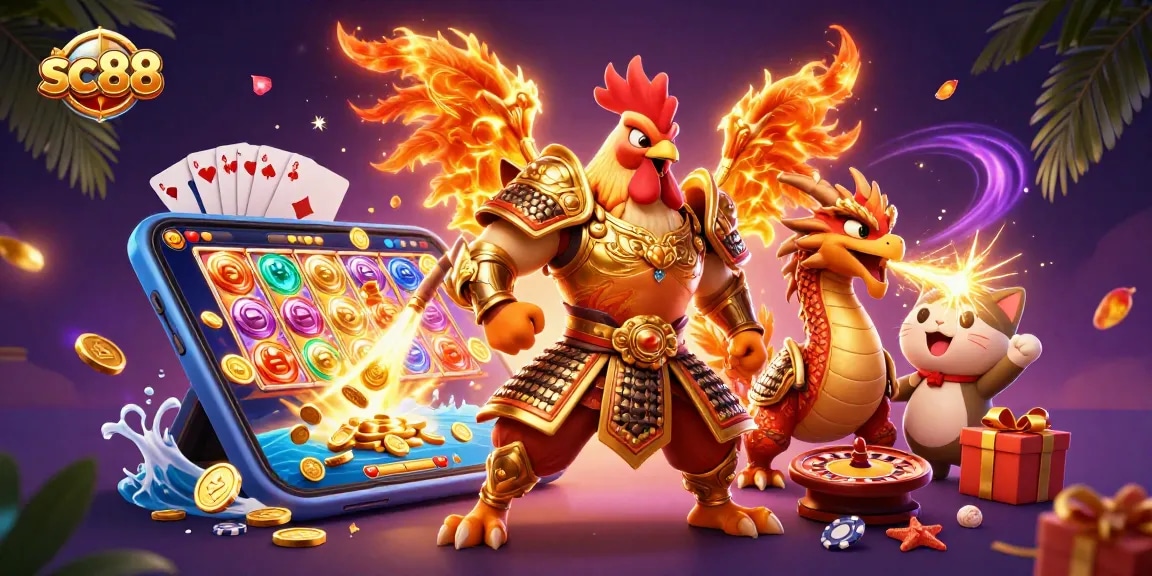 Engage in thrilling sc88 adventures with a majestic rooster warrior and fierce dragon amid vibrant casino elements.