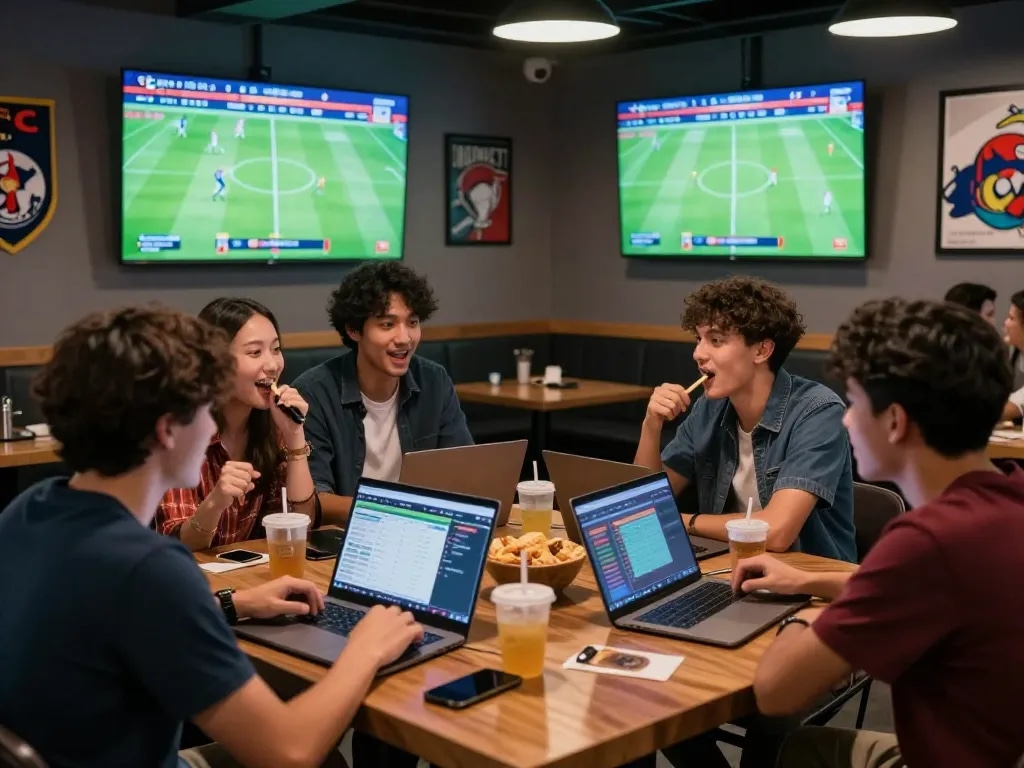 Friends enthusiastically discussing bets while watching matches at https://keonhacai8.tv/ in a lively sports betting lounge.