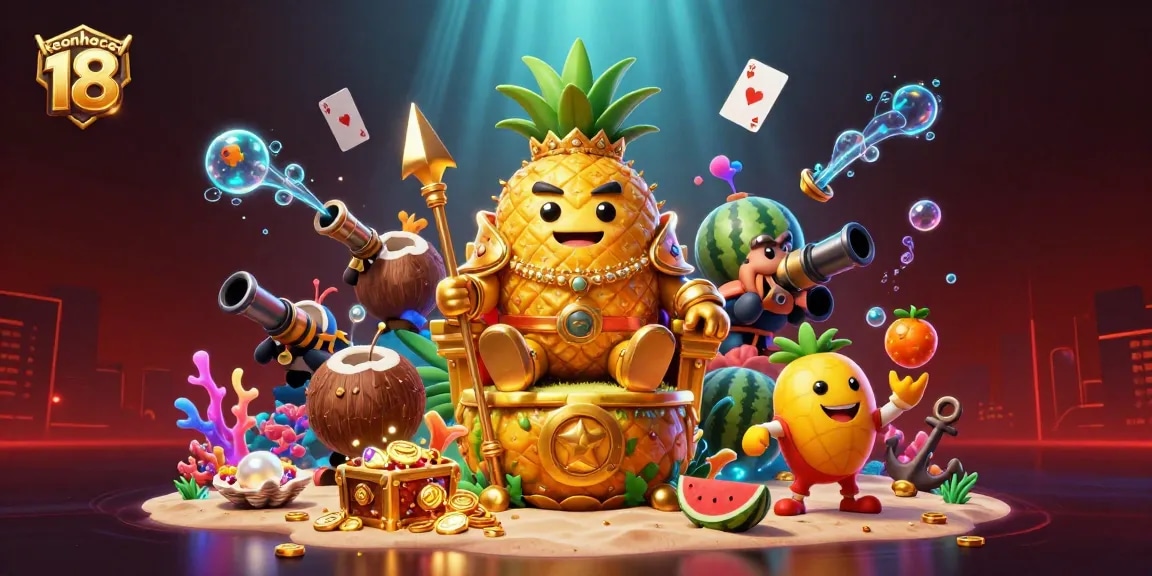 Engage in thrilling gameplay with keonhacai 18 featuring a golden pineapple king and dynamic gaming characters.