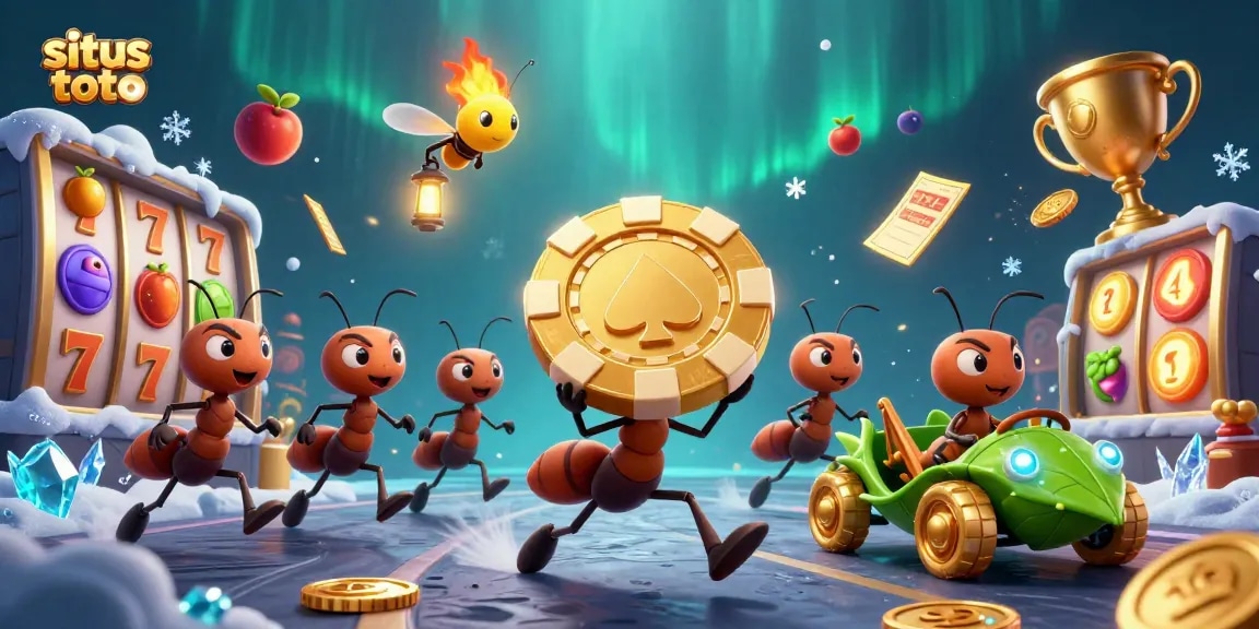 Situs toto enhances the gaming experience as cartoon ants carry a golden poker chip in an exciting heist.