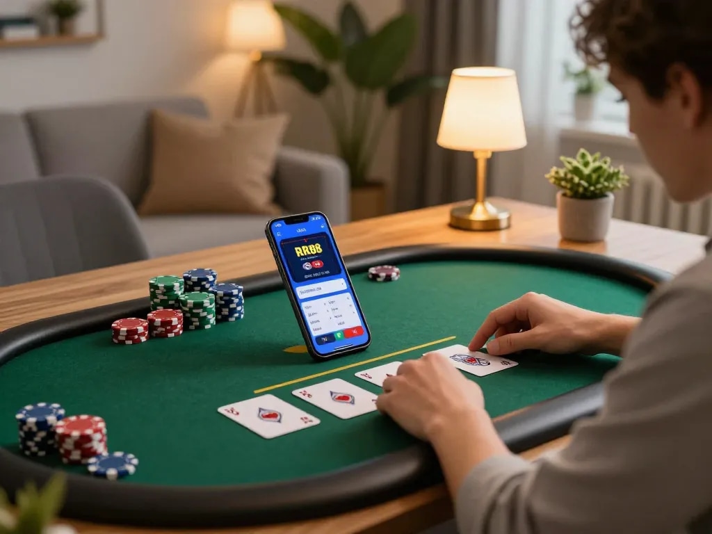 Engaging scene of an RR88 online gaming session with smartphone, poker chips, and cozy home office setting.