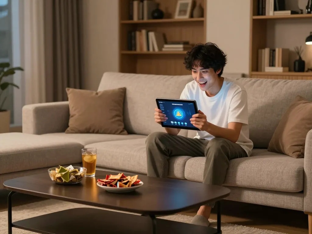 TẢI SUNWIN online gaming app on tablet in cozy living room, engaged player enjoying gameplay.
