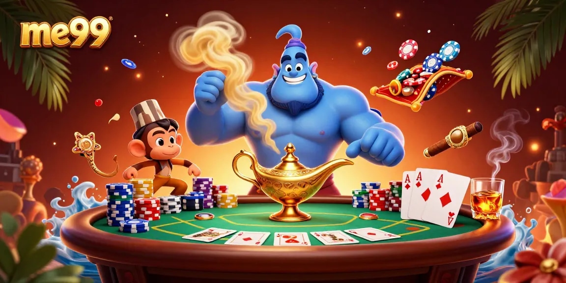 Play thrilling games at me99 featuring a vibrant casino scene with a genie and poker elements.