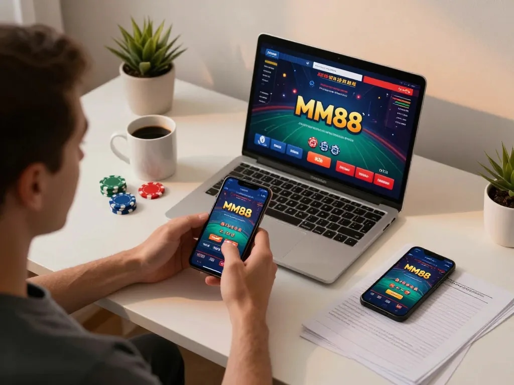 Engaging in mobile gaming with MM88 app on a smartphone while strategizing at home