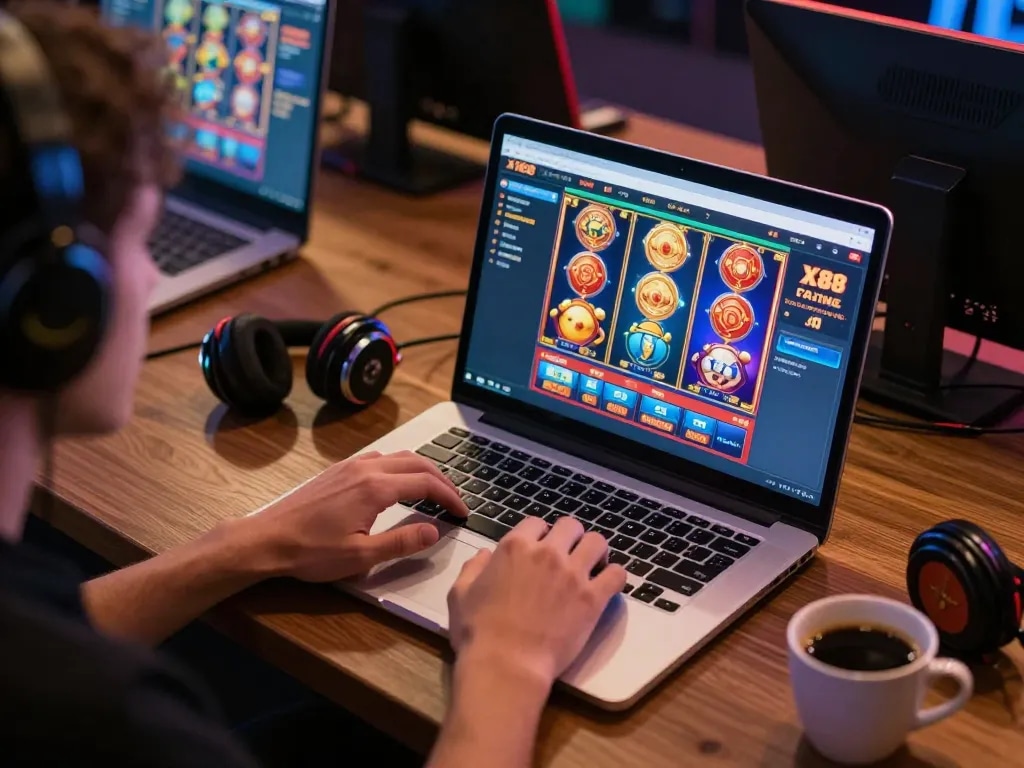 Engaged player using XX88 gaming platform on a laptop, showcasing online gambling excitement