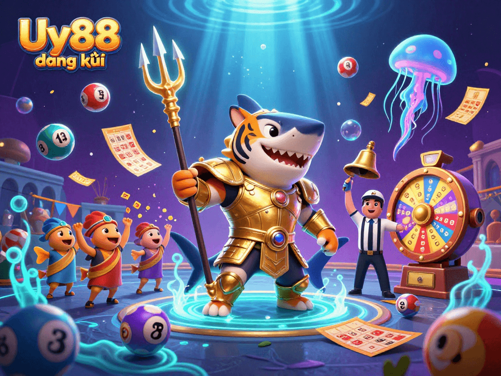 Play and win with Uy88 đăng ký in an engaging lottery-themed underwater scene full of excitement.