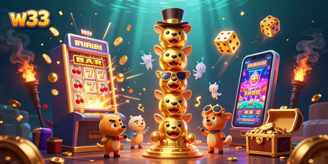 Experience the vibrant w33 casino world with dynamic slot machines and a golden totem pole.