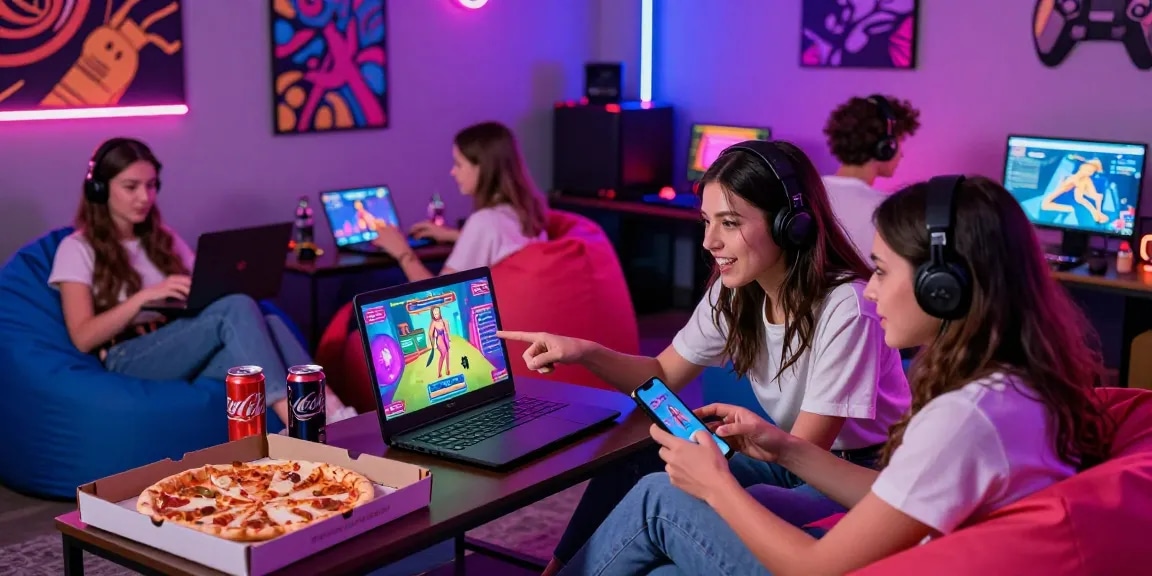 Group playing sex games online, showcasing vibrant gaming atmosphere and devices.