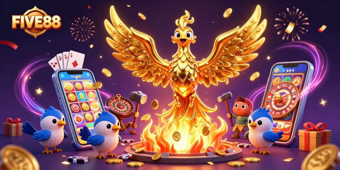 Experience the excitement of gaming with FIVE88 featuring golden phoenix and rich casino elements.