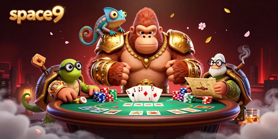 Engage in thrilling poker action at space9 with a vibrant scene featuring colorful poker elements and characters.
