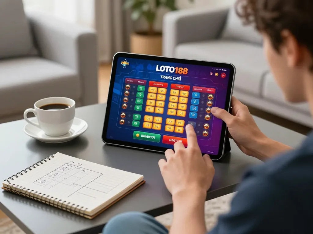 Engaged user gambling on the LOTO188 TRANG CHỦ online platform, showcasing a cozy atmosphere with strategic notes.