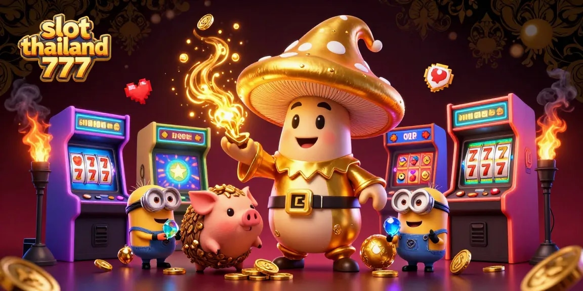 Experience the magic of slot thailand 777 with vibrant, golden characters and dynamic gaming elements in this immersive illustration.