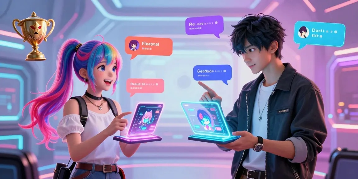 Engaging scene of diverse characters in ai ecchi chat on futuristic holographic devices.
