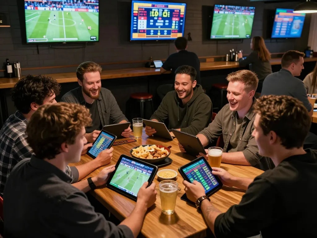 Friends enjoying live sports betting at LC88 in a vibrant setting with multiple devices.